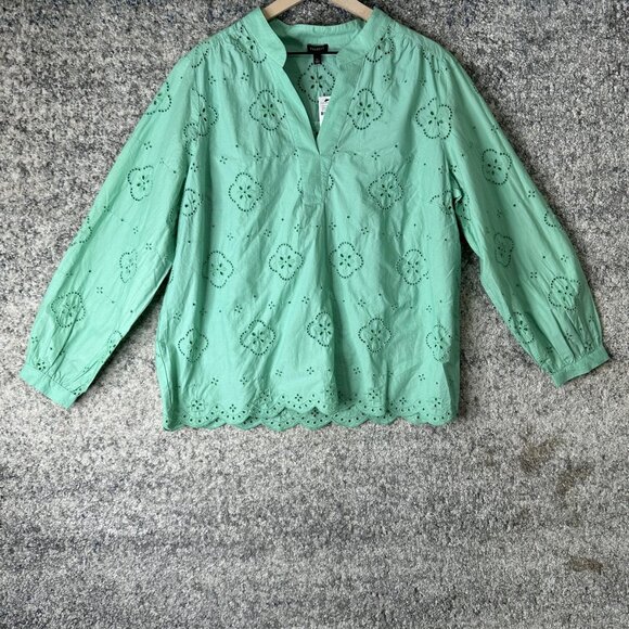 Talbots Shirt Womens Petite Large Green Eyelet Split Neck Scallop Hem Boho - Picture 1 of 7